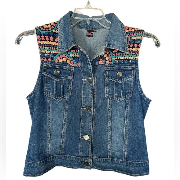 Buzz Pink Rainbow Boho Sequin Jean Vest - Picture 1 of 11